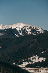 Ukrainian Carpathian Mountains snow-covered in winter, with forests, snowmelt, spring, Khomyak Mountain