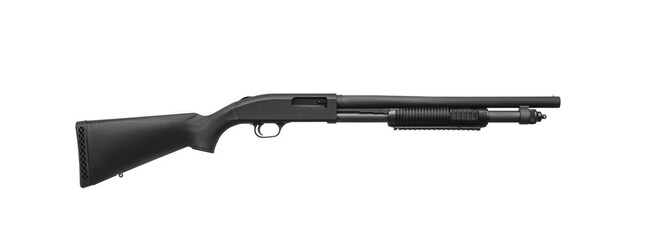 Modern black shotgun isolated on white background.  Weapons for hunting, sports and self-defense.