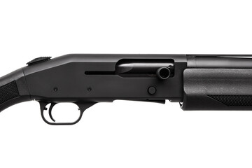 Modern black shotgun isolated on white background.  Weapons for hunting, sports and self-defense.