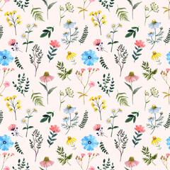 Cute summer floral seamless pattern. Watercolor wildflowers, leaves, herbs on pastel pink background. Shabby chic country style print. Botanical illustration