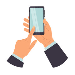 vector illustration of a phone in a man's hand. isolated on white background.