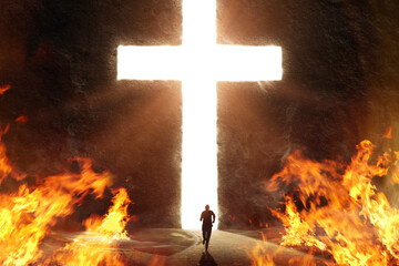 Man Running from Flames into Giant Bright Cross