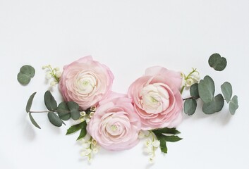 gentle flowers background. Pink ranunculus, lily of the valley and jasmine.