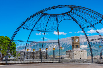 Stage hosting international folklore festival inside of Gjirokaster castle in Albania