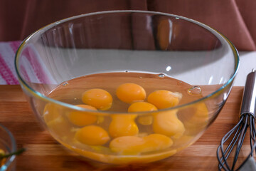 On the kitchen. Beating eggs with a whisk. 
Bowl with eggs before whipping