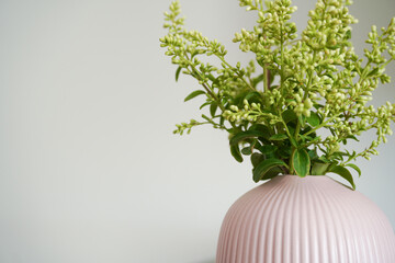Soft home decor. Small white flowers in ceramic vases on table top. Front view composition with a space for a text. Eco decor