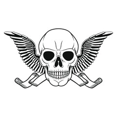 Black and White Illustration of Skull with Wings. Human Head Bone. Winged Dead Hand Drawn Tattoo Design.