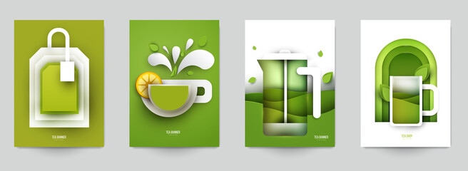 Collection colorful template cover for tea. Abstract art composition in modern geometric papercut style. Minialistic concept design for branding banner, flyer, book, menu, card. Vector illustration.