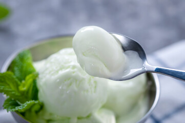 Cold summer dessert. Milk ice cream with kiwi. Ice cream fruit.