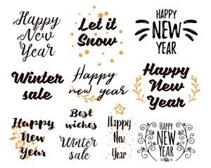 Happy New Year Lettering Design Set. Collections of beautiful New Yearand winter sale title for greeting card, flyer, web, banner. Christmas typography set. Vector illustration