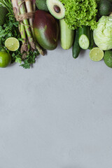 Healthy eating. Vegetables and fruits. On a light gray background. View from above. Space for copy. Empty place