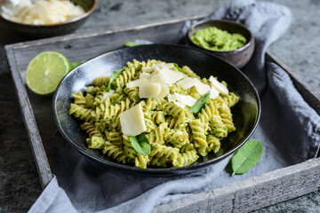 Fusilli pasta with pea pesto made from sage and pumpkin seeds