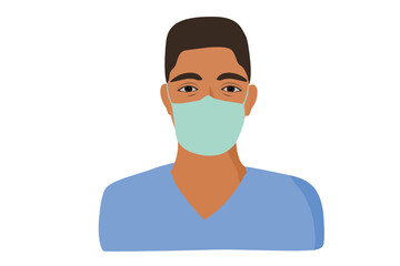 African-american man nurse. Male hospital worker in uniform with mask, portrait illustration. 