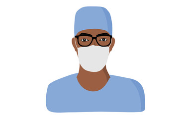 African, African American ethnicity man nurse, doctor. Male hospital worker in uniform with mask, head cap and glasses. Flat design illustration.