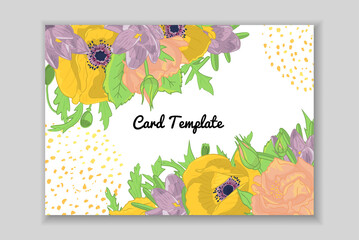 Rectangular card with frame of hand drawn rose, crocus and poppy flowers arrangement. Greeting card template. Vector