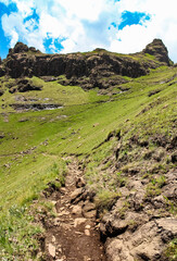 A narrow hiking path in the Drakensberg mountains of Lesotho, Southern Africa.