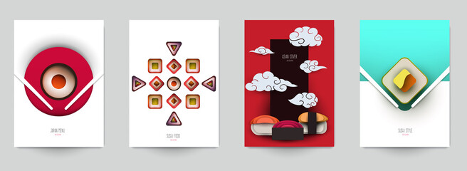 Collection colorful template cover for sushi. Abstract art composition in modern geometric papercut style. Minialistic concept design for branding banner, flyer, book, menu, card. Vector illustration.