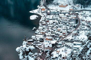 drone photo of Hallstatt lake in Austrian Alps