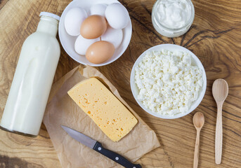 Village products on the Board: milk, cottage cheese, eggs, sour cream and cheese. Healthy food, a source of natural calcium and vitamin D