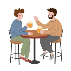 People sitting at the table in a bar and drinking beer. Men talking and smiling in a cafe. Friends having fun together in a pub. Cartoon flat characters isolated on white.Vector illustration