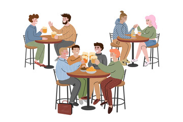 People sitting at the tables in a bar and drinking beer. Women and men talking and smiling in a cafe. Youth having fun together in a pub. Cartoon flat characters isolated on white.Vector illustration