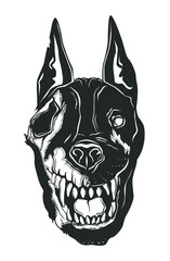 Dead head of doberman dog isolated on white. Halloween. Vector illustration.