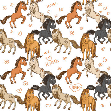 Seamless pattern of cute horses frolicking in freedom