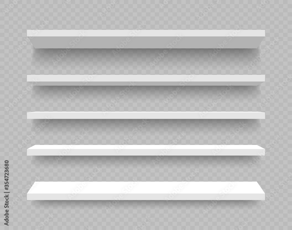 Poster Shop shelves for product presentation and branding. Realistic 3d white shelf set for exhibition and advertising bookshelf. Mockup of empty shelves with shadow on transparent background. Vector.