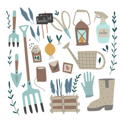 Vector illustration of gardening tools and plants.