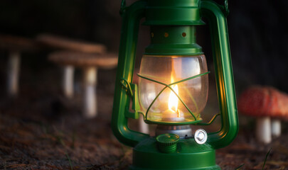 Green vintage Oil lantern close up.  Group of amanita mushrooms on background. Dark forest.