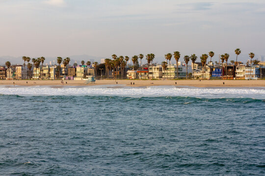 Venice Beach shoreline with houses and palm trees in Los Angeles, California