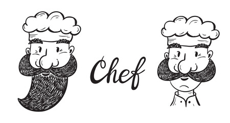 Funny Bearded and Mustachioed Chef. Hand drawn Cartoon Hipster Chef Cook Characters. Black and white outline drawing. Vector illustration
