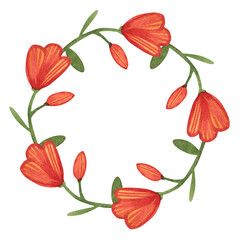 Hand drawn watercolor wreath with red decorative flowers. Isolated on white background. Cute round frame with a stylized flower and a place for writing.