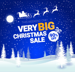 Big Christmas sale. Vector banner with Santa Claus and deers flying up the forest on the blue background. Stocking element christmas decorations. Web banner or poster for e-commerce, on-line shop