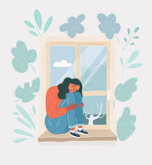 Vector illustration of woman sitting on windowsill and looking through window