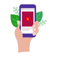 Vector illustration a female or male hand holds a mobile phone with a video player and a play button on the screen. Browser window. Mobile app. Icons. Plants. Web design. Usability. Interface. Flat.