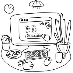 Online shopping, E-commerce concept. Choice and purchase of goods in e-store. Desktop with computer, table, purse, credit card. Linear doodle graphic. Vector illustration