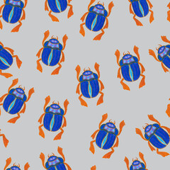 Blue scarab isolated on light grey background. Seamless pattern with Bug insect, Beetles. Design for wrapping paper, cover, greeting card, wallpaper, fabric