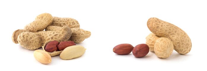 Dried peanuts on the white background.