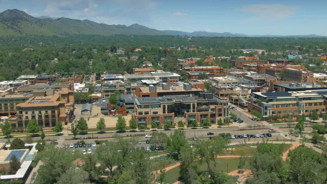 Aerial flying over downtown Boulder, Colorado, USA