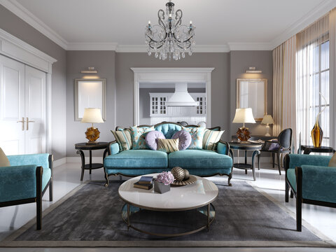 Modern Art Deco Style Living Room With Trendy Green Furniture And Beige Walls. Coffee Table, Tv Stand, Tv Unit.