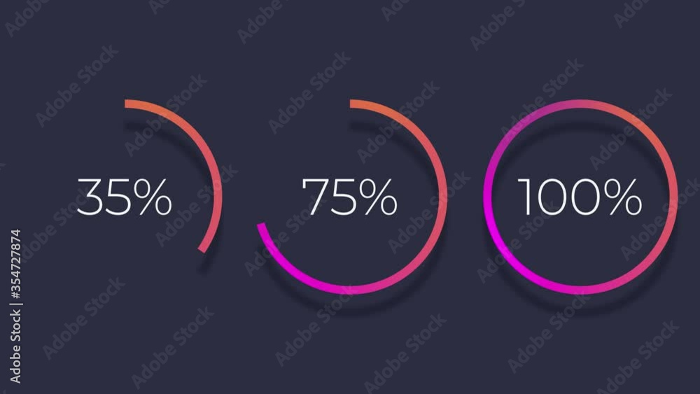 Poster Set of three radial or circular Progress Bars. Procent indicator. Modern motion graphics. Flat style. Bright and simple UI diagram elements. Isolated on black for Screen Mode.