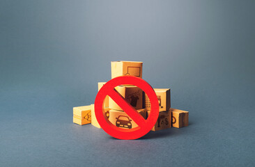 Boxes and red prohibition sign NO. Lack of goods and stable deliveries. Shortage of products...
