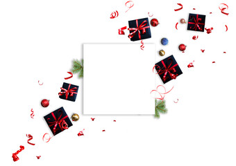 christmas gift card with red bow on blurred bright lights, template copy space