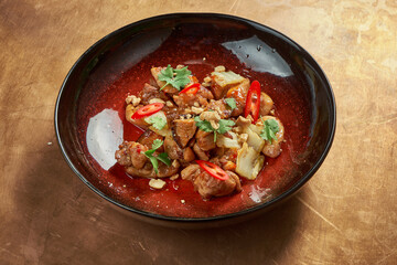 A delicious Asian-style dish, pork in sweet and sour sauce with shiitake mushrooms and hot pepper in a red plate on a metal, copper background. Restaurant serving