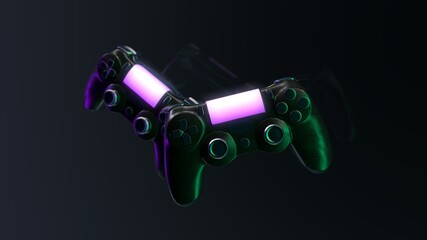 Console gamepads concept 3d illustration. Neon violet and green lights