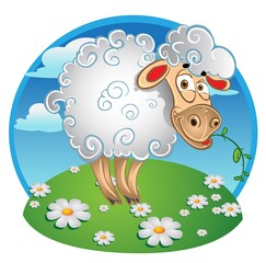 White cartoon sheep with blade of grass on color background