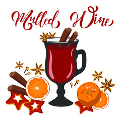 Glasse of mulled wine and fruits. Vector illustration.
