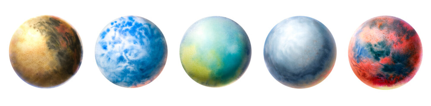 Set of colorful planets isolated on white background. Watercolor