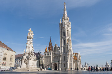 Budapest, Hungary - Feb 9, 2020: Tourists at Holy trinity square on fisherman's bastion